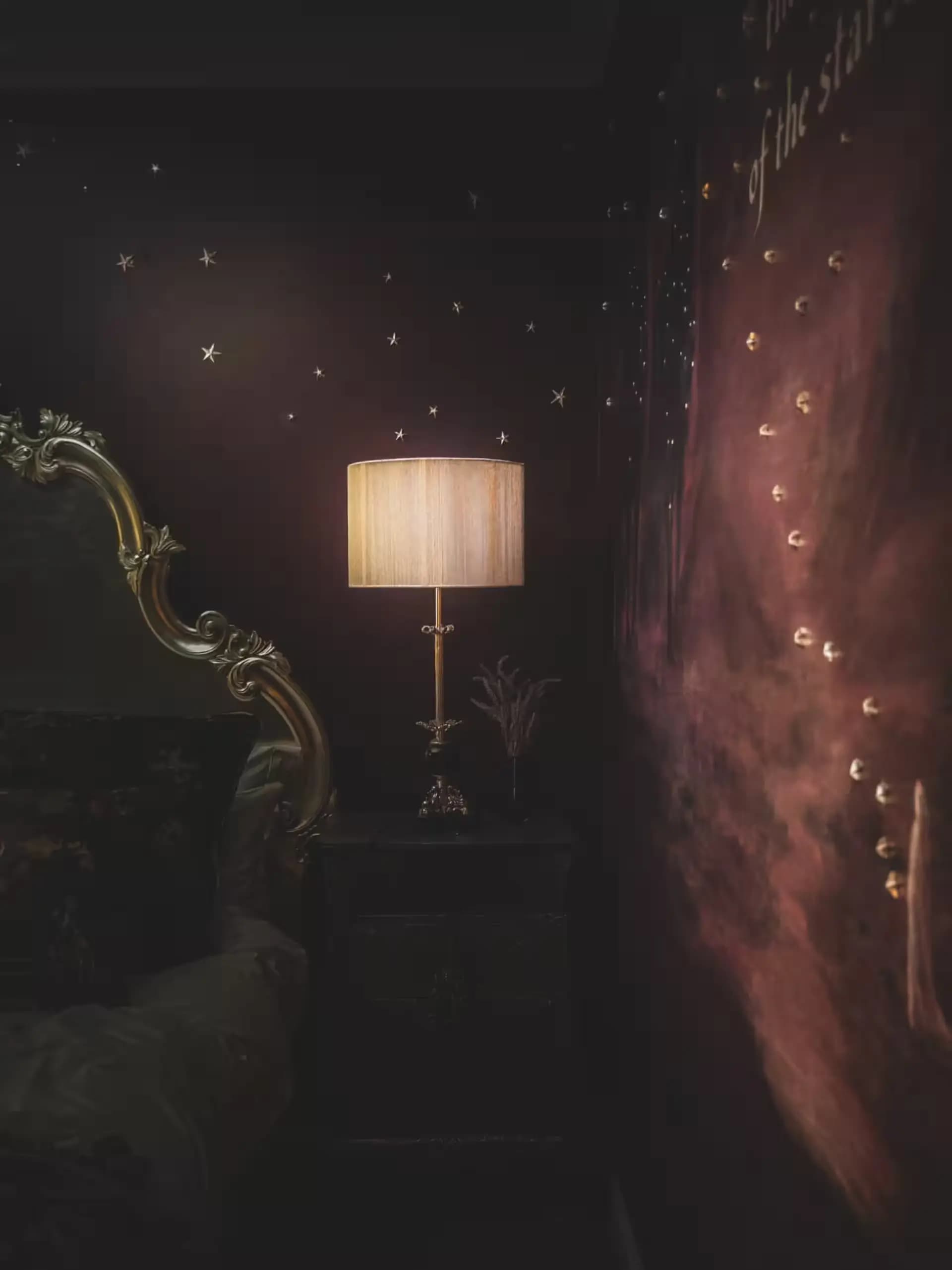 Bedside lamp beside a burgundy wall inside Luxurious Home.