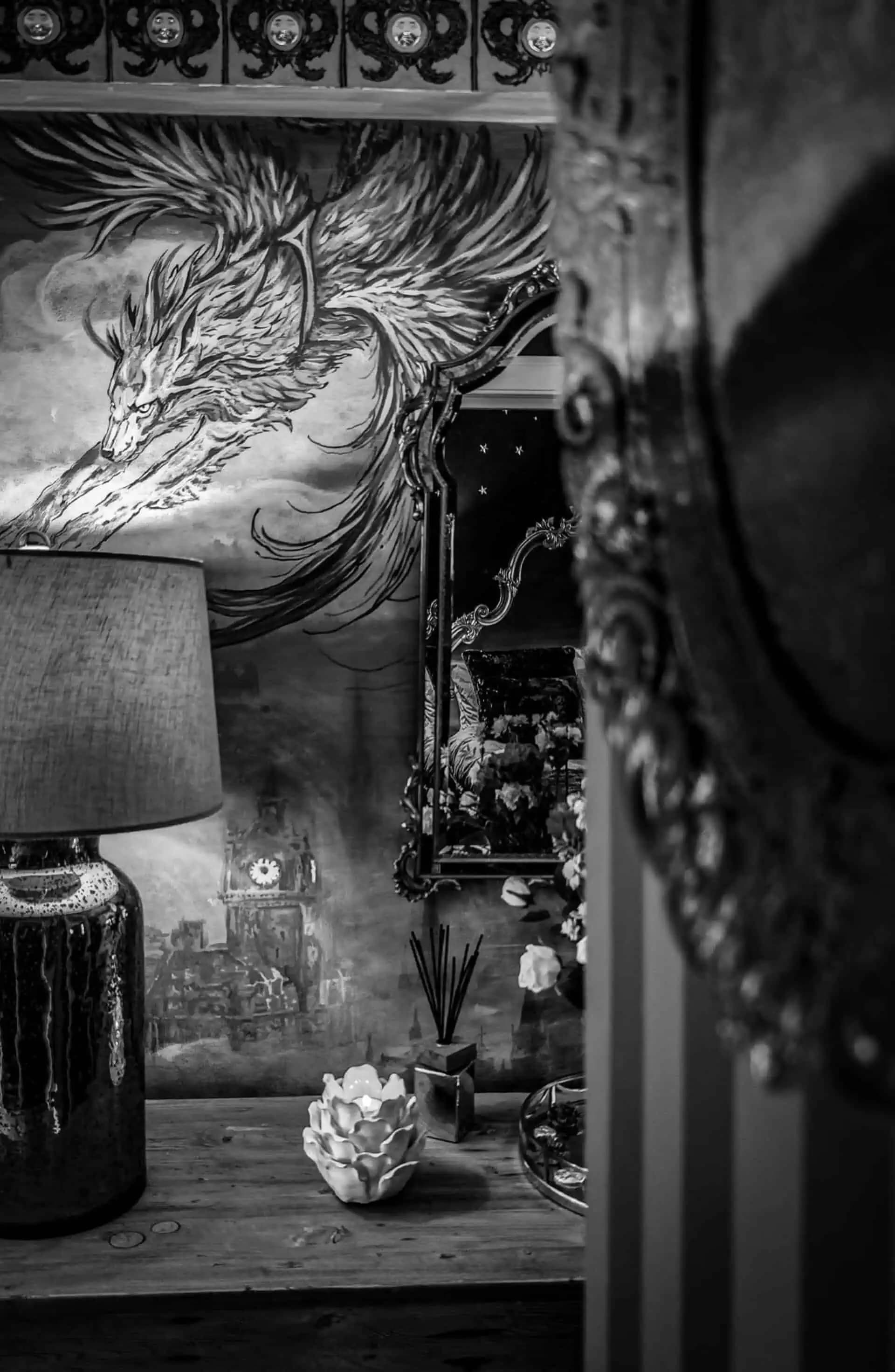 Mirror and mural detail inside Luxurious Home.