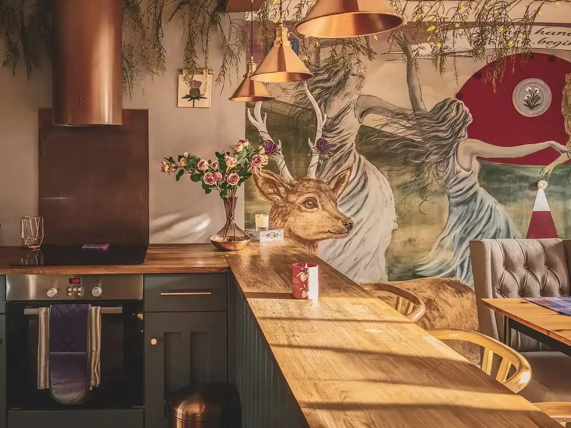 Kitchen island and mural wall inside Luxurious Home.