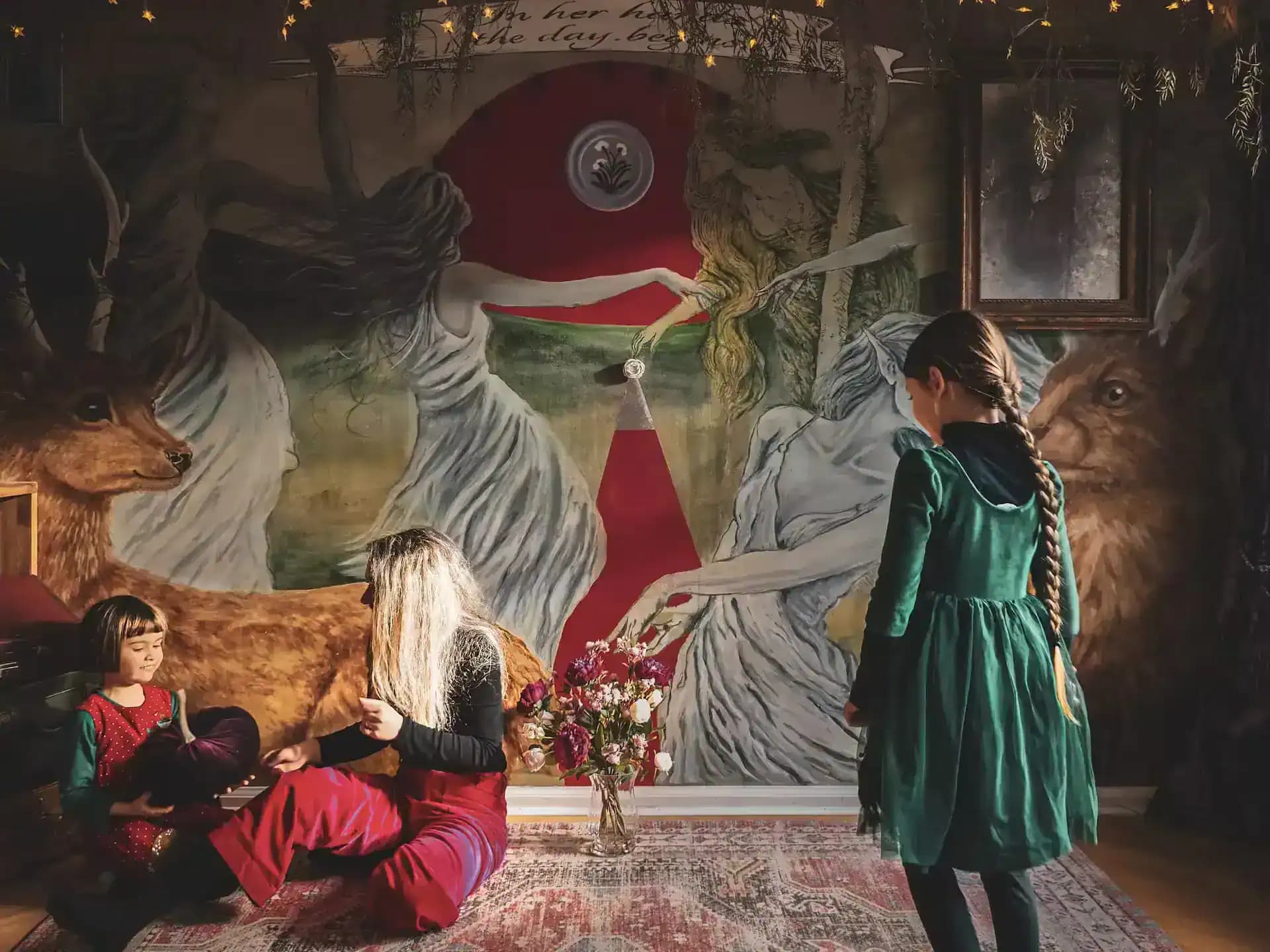 Fantasy mural with deer and figures inside Luxurious Home.