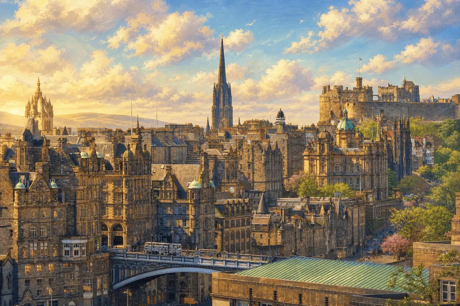 Edinburgh rooftops at dusk.
