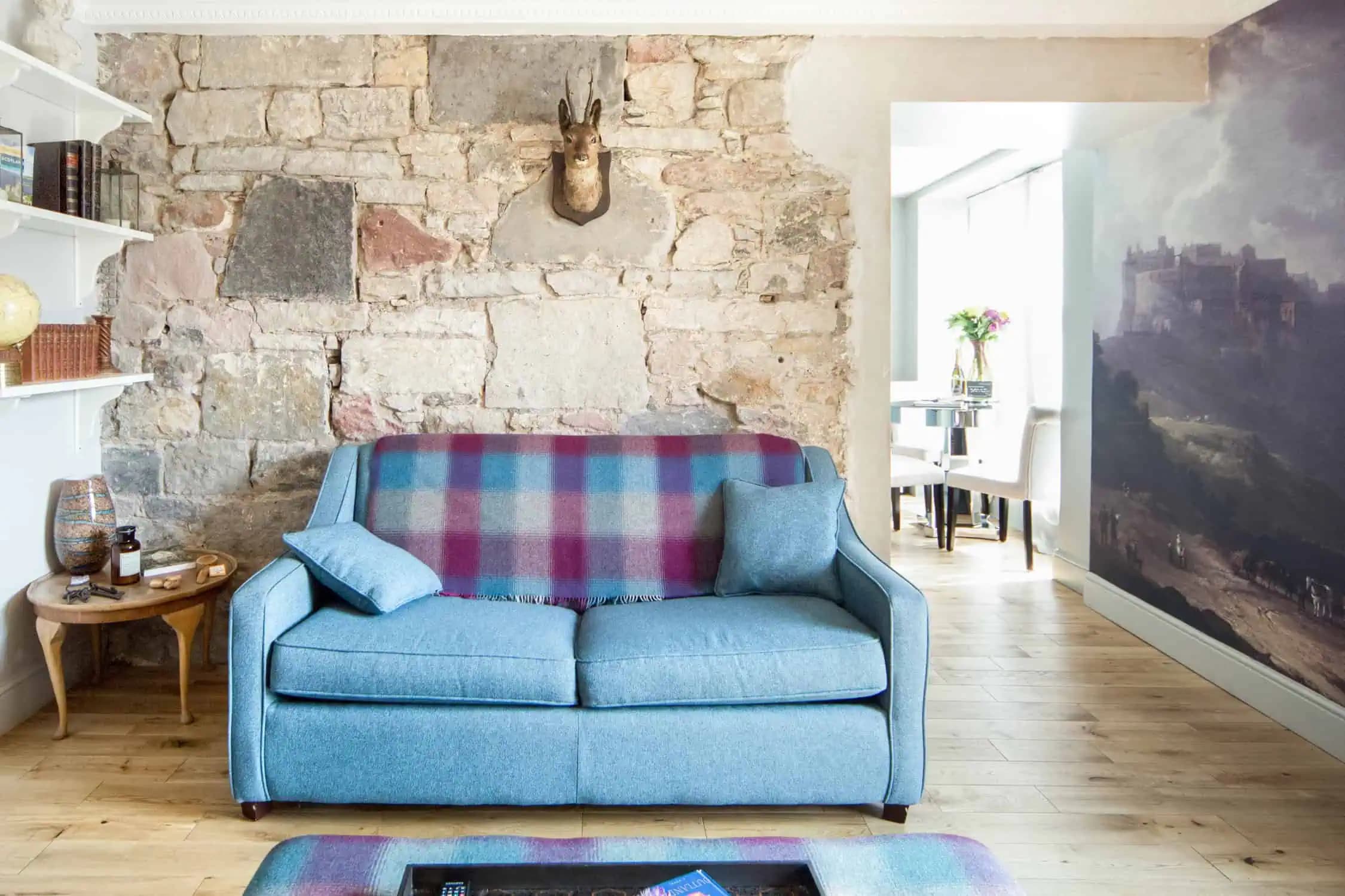 Light-filled living space inside Stunning Romantic Stay by the Castle.